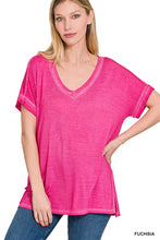 Load image into Gallery viewer, WASHED SHORT SLEEVE V-NECK TOP W HI-LOW HEM
